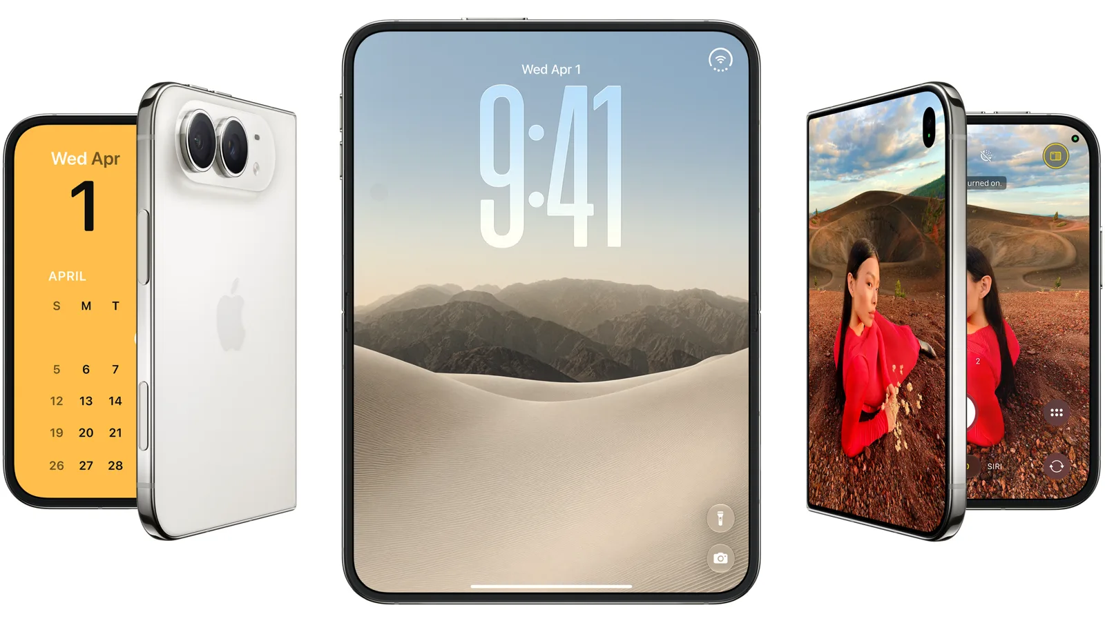 Складной iPhone Duo в белом цвете — сложенный и раскрытый, официальное фото Apple