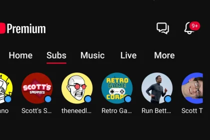 Верхняя строка вкладок YouTube на главной: Home, Subs, Music, Live и More