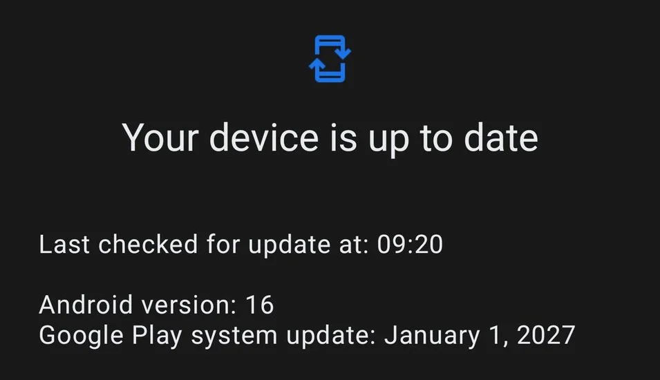 Экран обновлений Galaxy: Google Play system update January 1, 2027