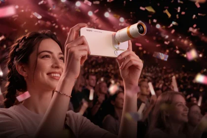 OPPO Find X10 Pro Max с телеконвертером Hasselblad в руках на концерте
