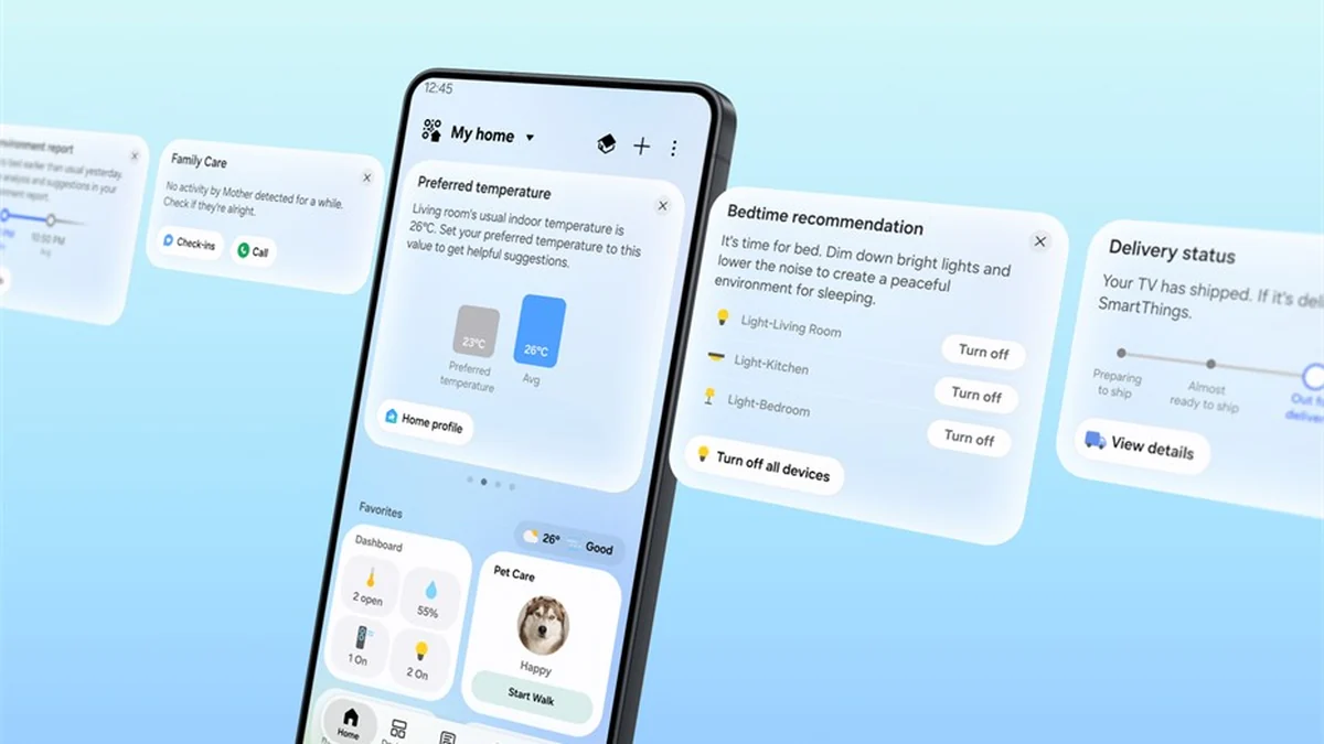 Приложение SmartThings с карточками SmartThings Now на смартфоне