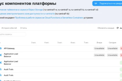 Статус-страница Yandex Cloud: сервисы в статусе Unavailable 9 октября