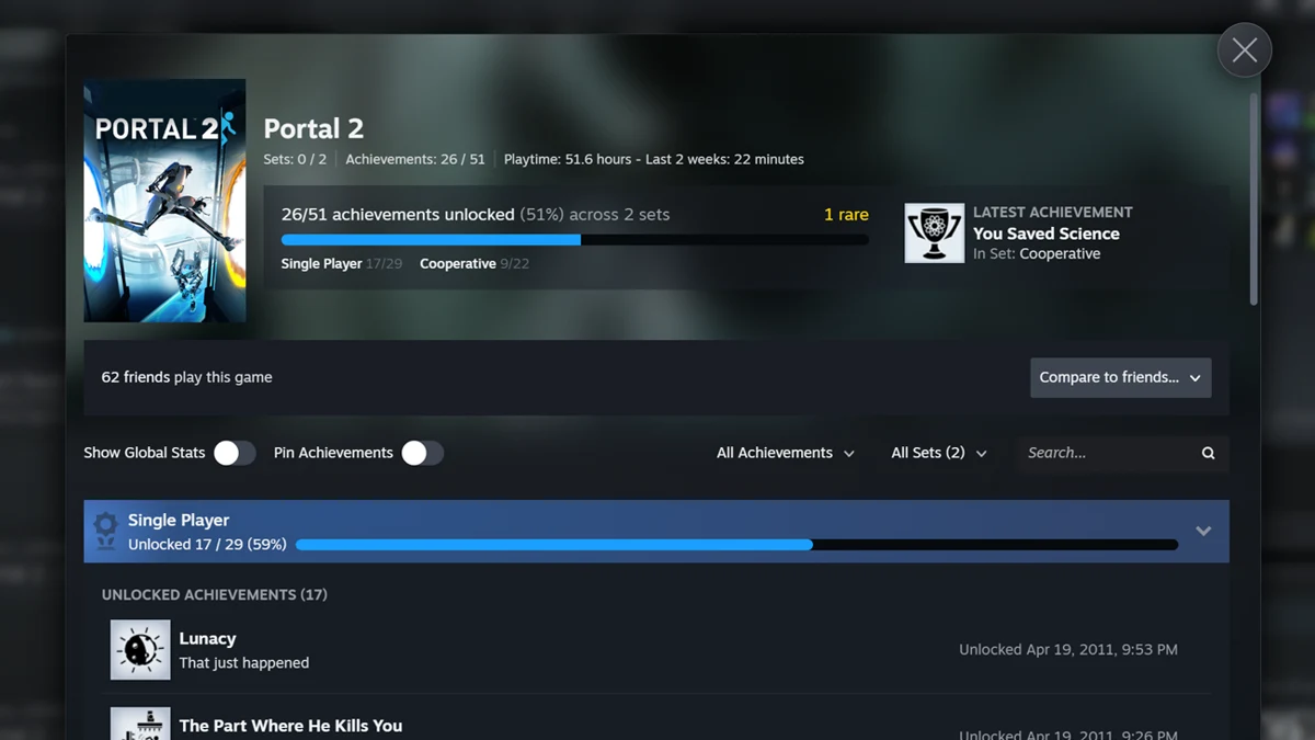 Новая страница достижений Steam с наборами на примере Portal 2 — скриншот Valve