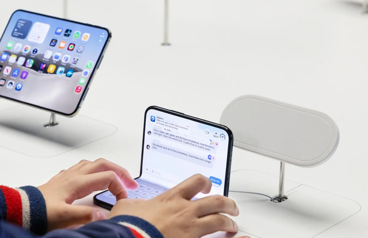 iPhone Duo, сложенный под прямым углом, на витрине Apple Store: линия сгиба внутреннего экрана