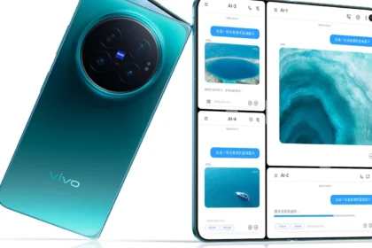 vivo X Fold 6 в синем цвете: вид сзади и разложенный экран