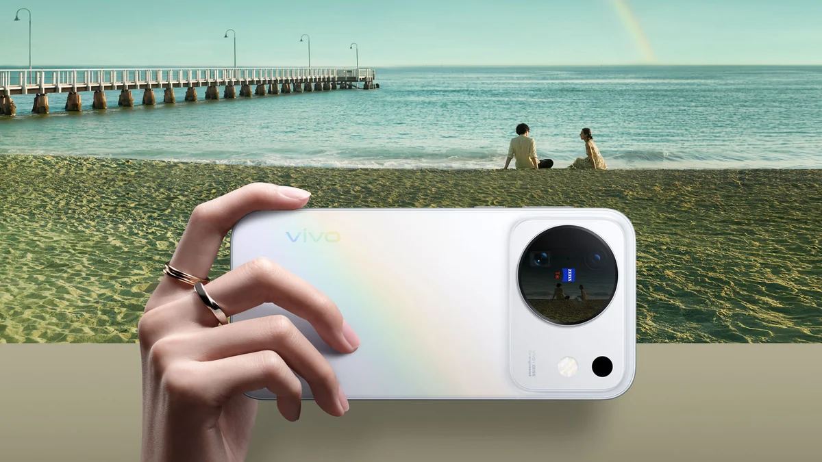 Белый vivo X500 с переливающейся задней панелью в руке на пляже